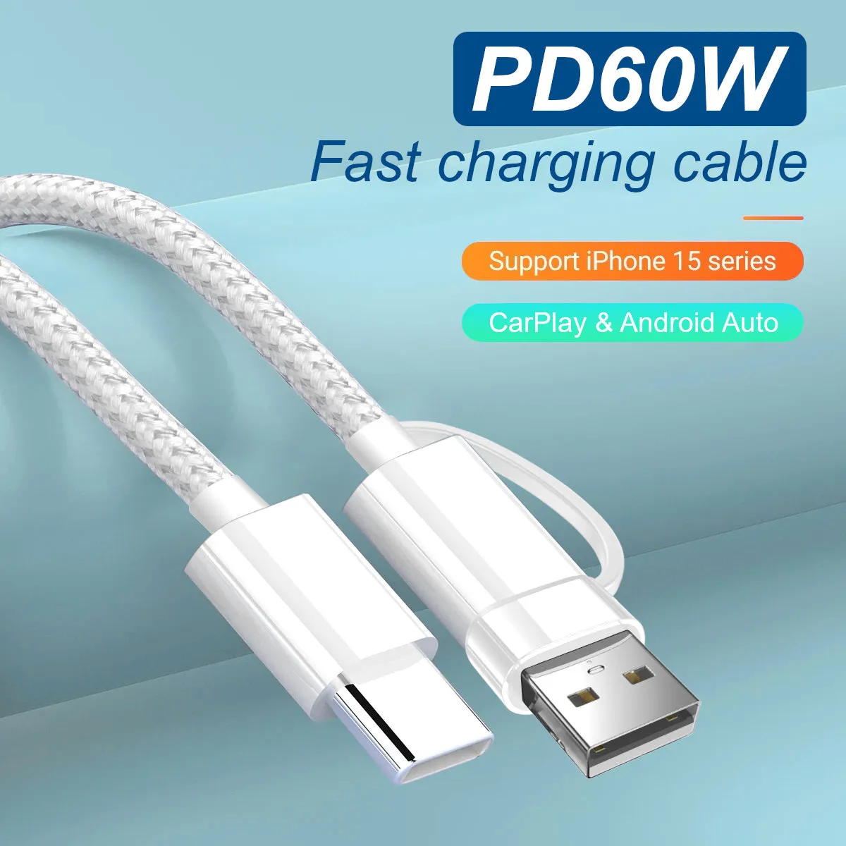 2-in-1 USB-C to USB-C Braided Cable with USB-A Adapter (3.3FT/60W)