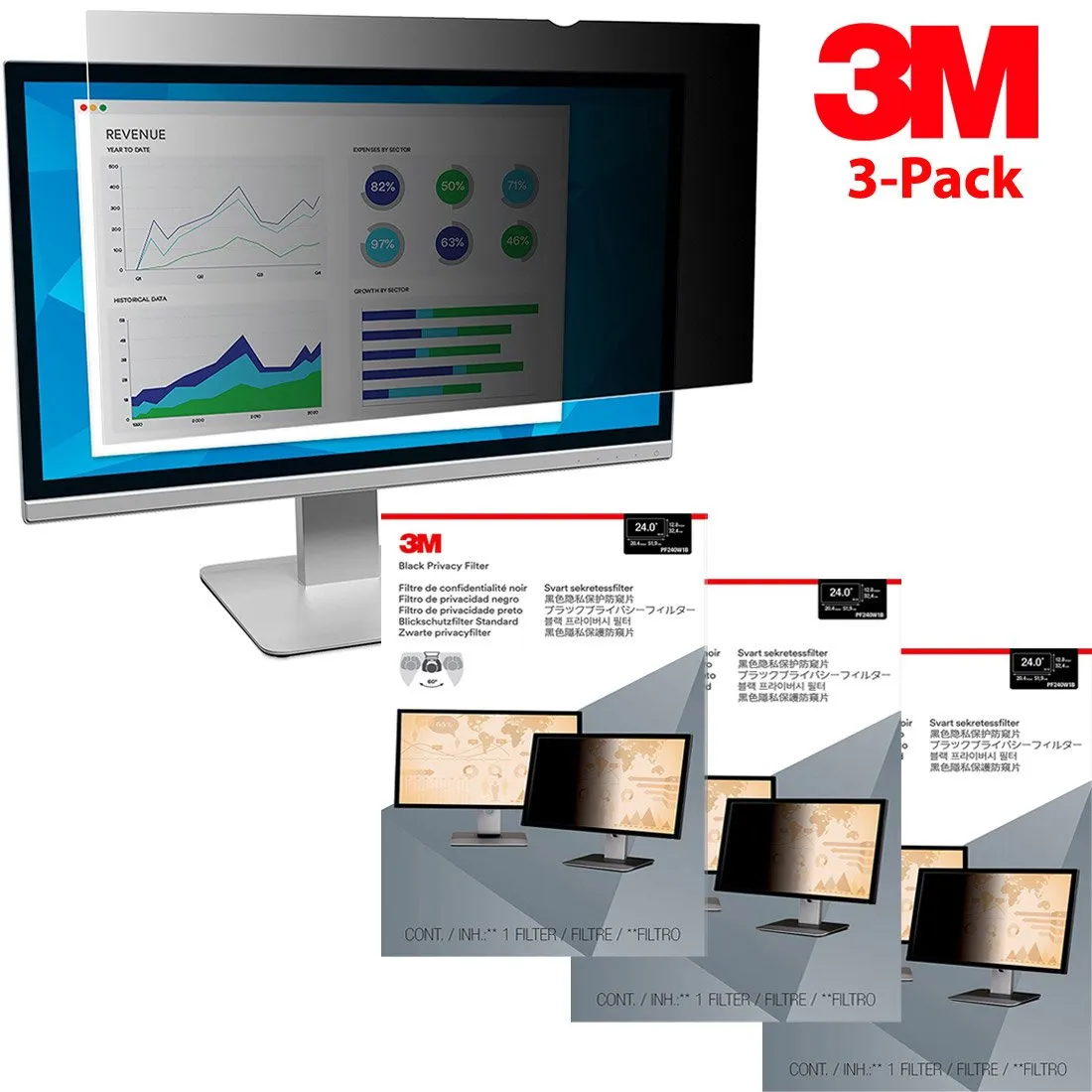 3M 3-Pack Privacy Filter for 24" Widescreen Monitor (16:10) (PF240W1B)